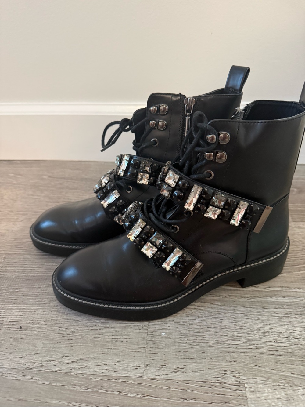 Black Embellished Lace-Up Ankle Boots